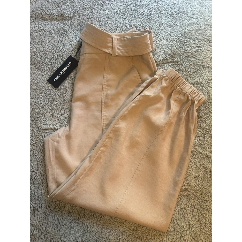 Karl Lagerfeld Women's Belted Jogger Pants Size 10 Pink Rayon Pants Beige Light